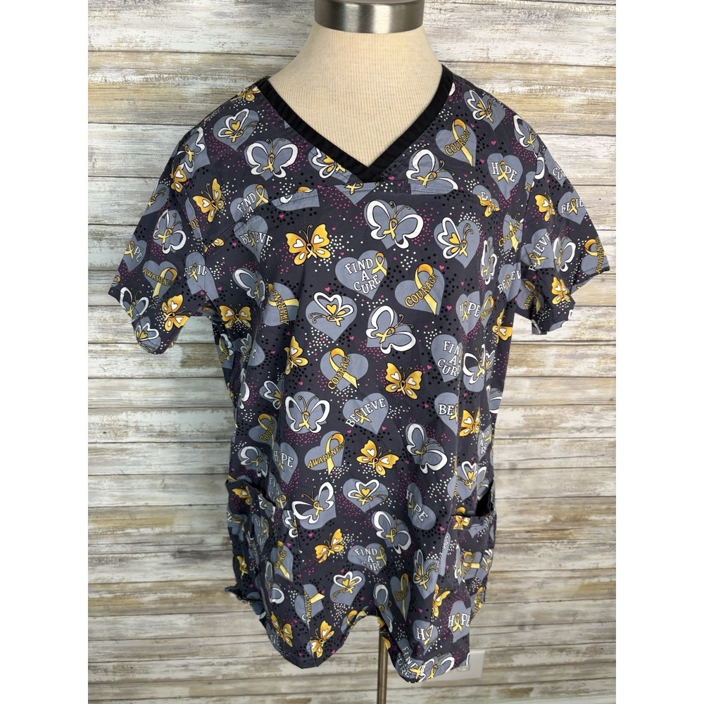 Cherokee Womens  XL  Scrub Top Nurse Work Uniform Butterfly Awareness